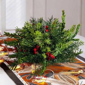 2PCS Christmas Artificial Pine Needles Branches Table Decor with Red Berry Pine Cones Greenery Stems Christmas Artificial Greenery Floral Arrangements for Garland Wreath (Type-3)