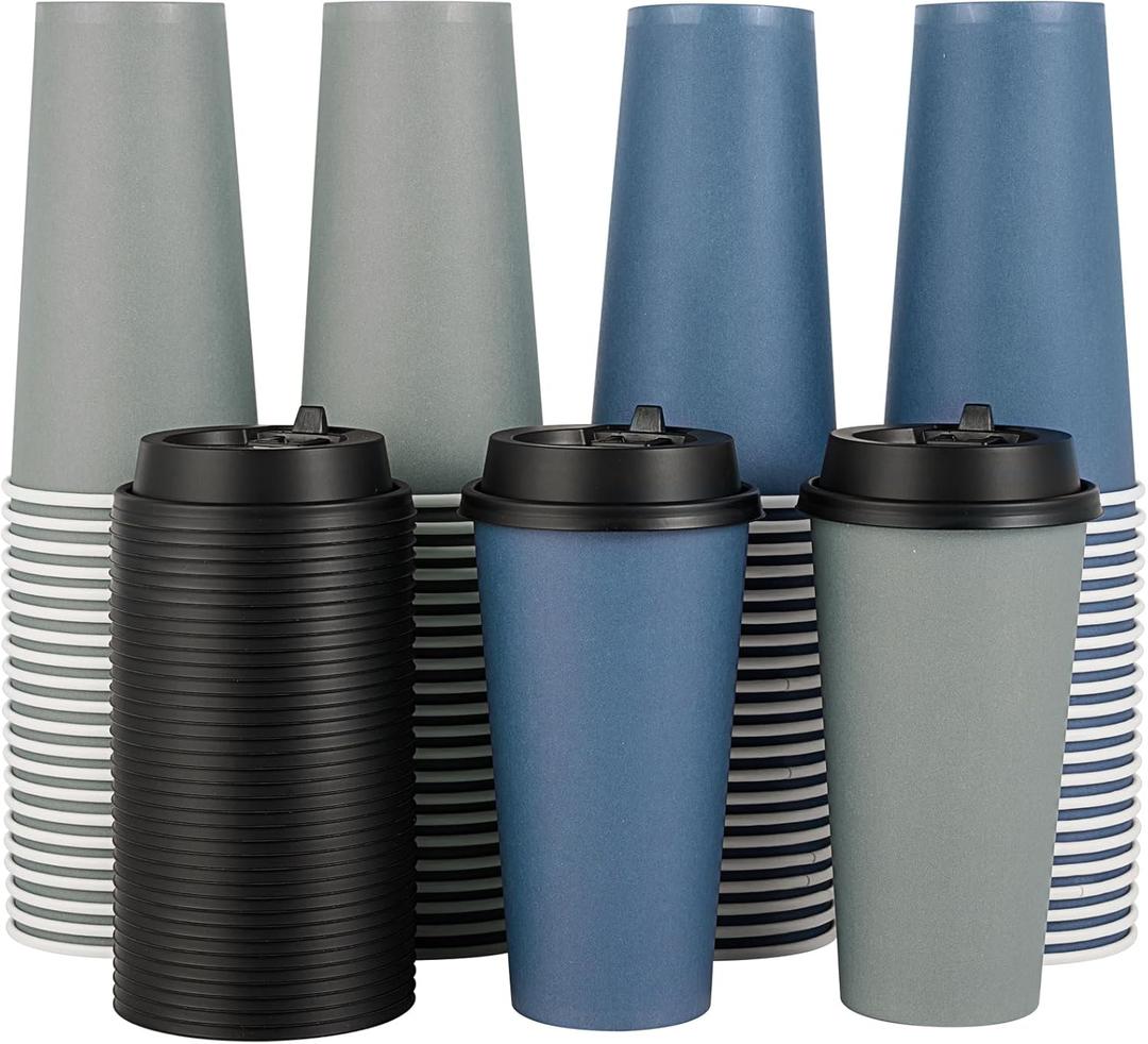 LITOPAK 100 Pack 20 oz Disposable Paper Coffee Cups with Lids for Coffee, Water, Juice, or Tea, Blue and Gray Hot Paper Cups for Home, Restaurant, Store, and Cafe