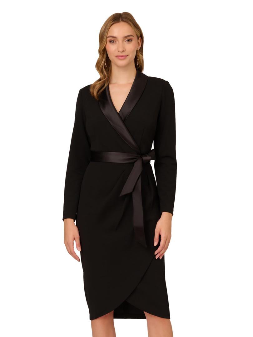 Adrianna Papell Stretch Crepe Tuxedo Faux Wrap Dress with Satin Shawl Collar Black 6