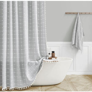 BTTN Boho Farmhouse Shower Curtain, Linen Rustic Heavy Duty Fabric Shower Curtain Set with Tassel, Water Repellent, Bohemian Vintage Country Thick Cloth Shower Curtains for Bathroom, Gray/Grey, 72x72