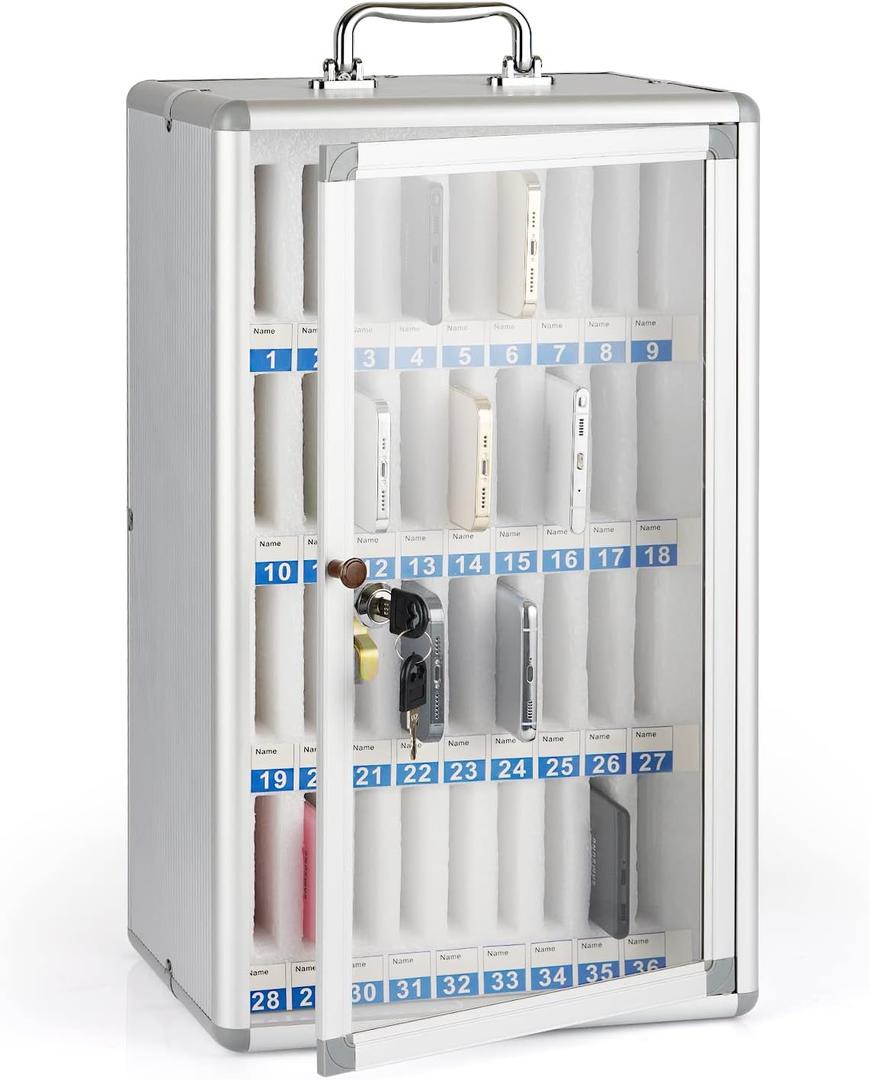 Loghot Aluminum Alloy Pocket Chart Cell Phones Storage Cabinet for Cell Phones,Wall-Mounted with a Locked,Can be Carried by Hand (36 Slots)