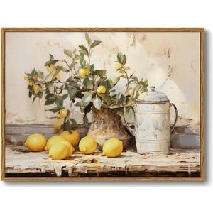 XLARTMY Framed Vintage Kitchen Wall Art, Yellow Lemon Still Life Wall Art Oil Paintings, Rustic Farmhouse Artwork Canvas Posters Prints Pictures for Living Room Bedroom 12x16In