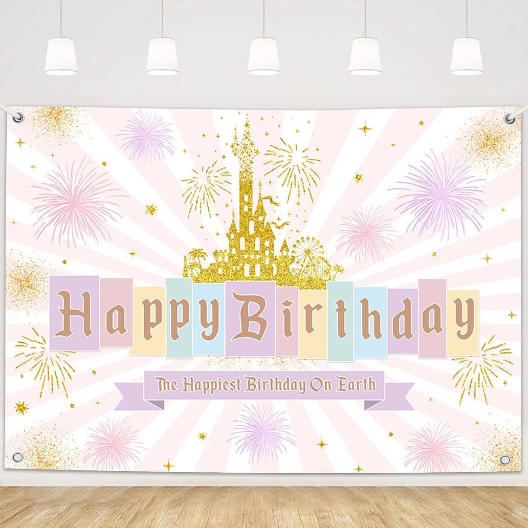 MEHOFOND 7x5ft Princess Castle Birthday Decorations Backdrop Pastel Rainbow Stripes Magical Background Gold Glitter Happiest Birthday On Earth Party Banner Photo Booth Props