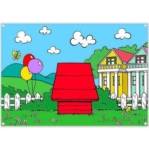 Fabric 7x5ft Cartoon Red House Photography Backdrop Blue Sky Grass Balloon Outdoor Background Party Decorations Kids Birthday Photo Booth Banner