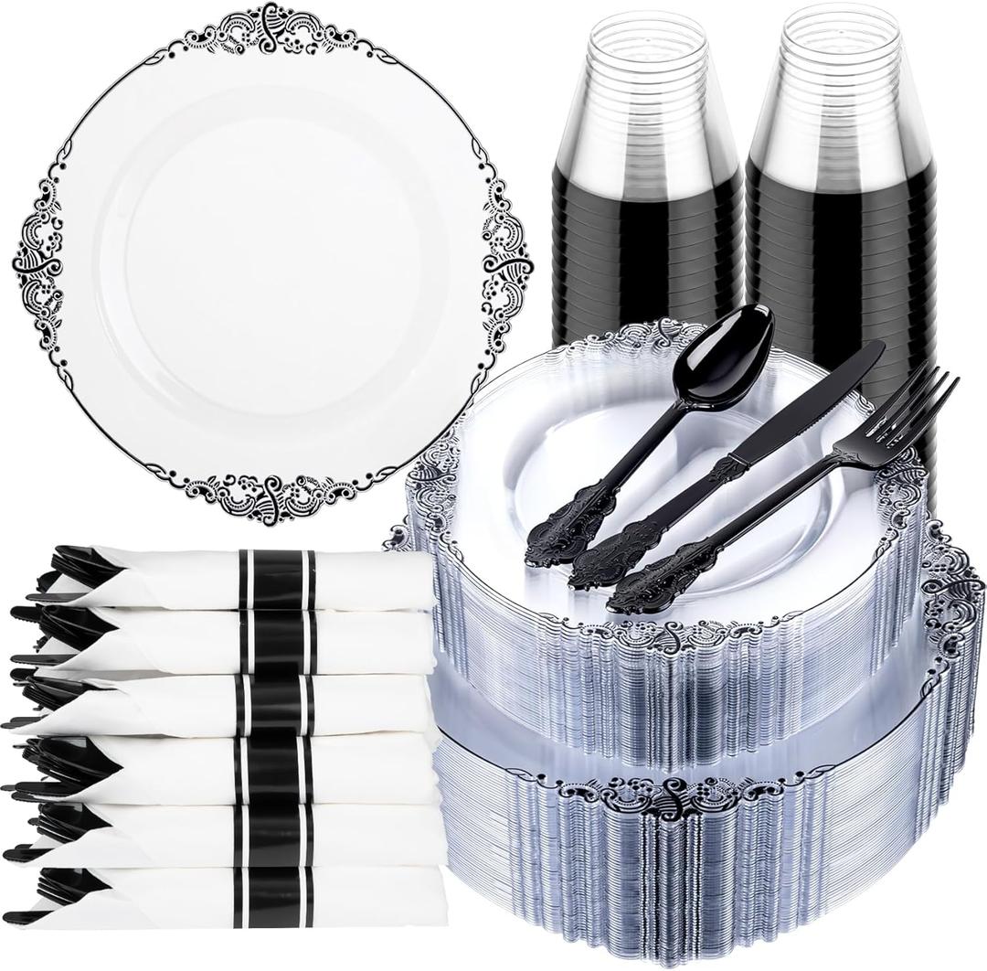 Hioasis 350pcs Clear and Black Plates - Black Party Plates for 50 Guest, Include 100 Heavy-duty Plates(20% Thicker Than Standard), 50 Pre Rolled Gold Plastic Silverware Set, 50 Cups