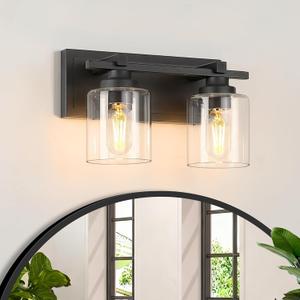 2 Light Modern Bathroom Light Fixtures Over Mirror, Black Vanity Lights for Bathroom Wall Sconces with Clear Glass Shades, E26 Socket (Bulbs Not Included)