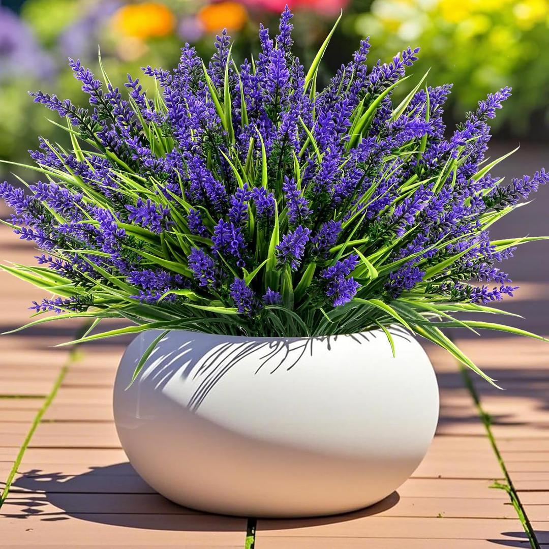 Geegoods Artificial Plants Flowers Outdoor 24 Bundles UV Resistant Faux Lavender Flowers with Monkey Grass for Garden Porch Window Patio Hanging Planter Decor