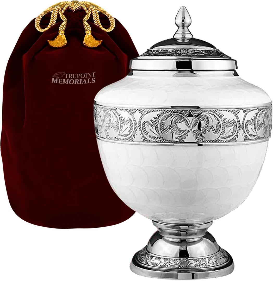 Trupoint Memorials Cremation Urns for Human Ashes, Decorative Burial Urn for Adult Men and Women, Large Chalice White with Silver Lining