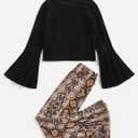 WDIRARA Girl's 2 Piece Flounce Sleeve Top and Leopard Print Bell Leg Bottom Pants Set
