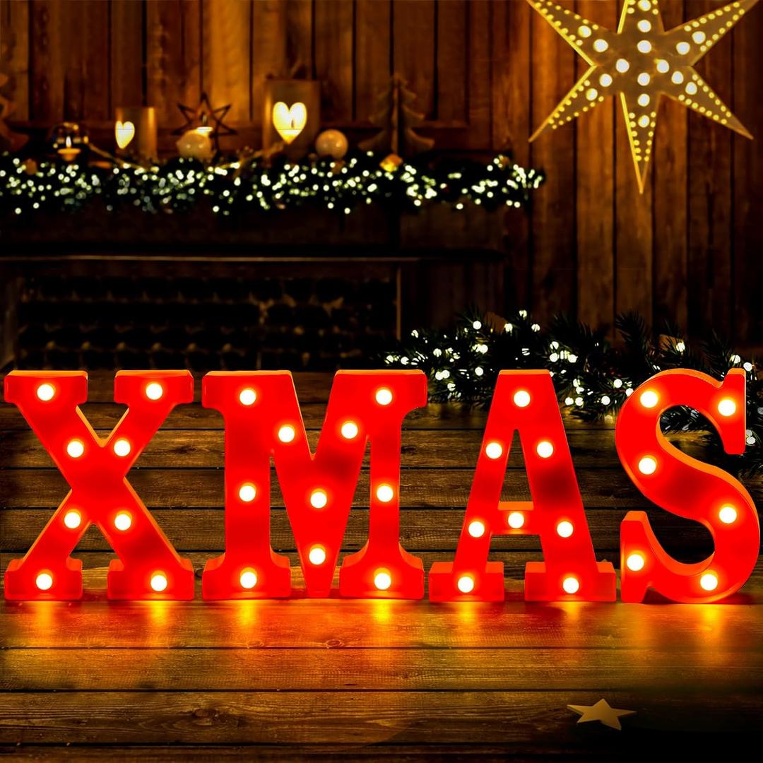 XIMISHOP Christmas Decor-Christmas Decorations Indoor-4 LED Marquee Light Up Letters Sign "XMAS" Christmas Lights for Xmas Home Kitchen Fireplace Tabletop Party Decoration