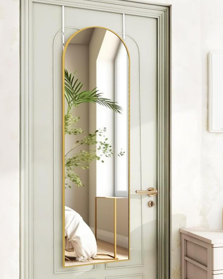 Full Length Mirror 48x14 Inches - Over The Door Hanging Mirror for Bedroom, Living Room, Closet - Arch Floor Mirror, Door Mirror with Gold Frame - No Drill Easy Install