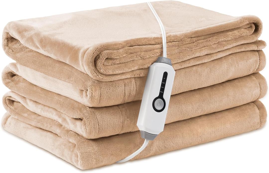 Electric Heated Blanket Twin Size 62"84", Breathable & Luxurious Flannel, Soft Warm Gift with Over-Heat Protection, 4 Heating Levels & 10 H Auto Shut Off, Machine Washable, Light Brown