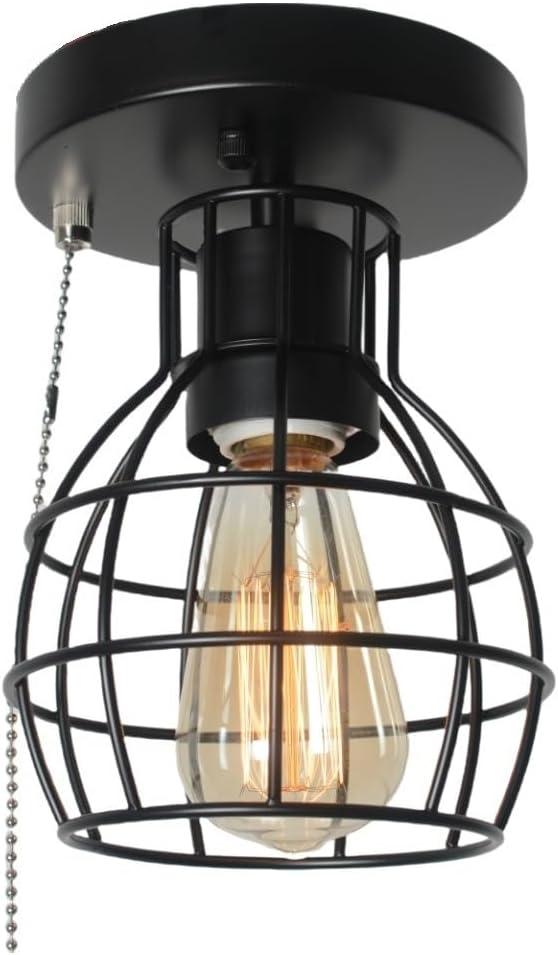 Beuhouz Pull String Semi Flush Mount Ceiling Light, Round Modern Industrial Close to Ceiling Light Fixture with Pull Chain Black Metal Cage Foyer Kitchen Ceiling Light 1-Light Edison E26 8087
