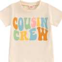 Sibling Matching Outfits for Kids Little Girl Boy Short Sleeve Cousin Crew Shirt Colorful Print Summer Clothes (Beige)