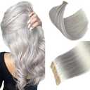 Tape in Hair Extensions 14 Inch Silver Grey Seamless Invisible Tape in Human Hair Extensions for Women Skin Weft Real Human Hair 50G