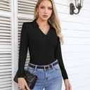 VICHYIE Womens Long Sleeve Shirts Lapel Collared V Neck Slim Fitted Ribbed Knit Trendy Tight Polo Tops (Black, M)