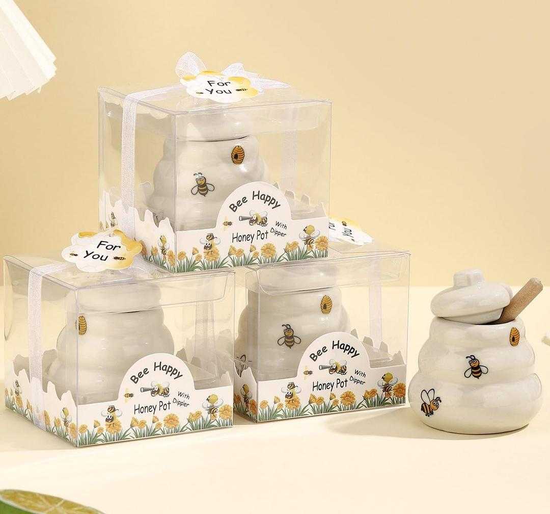 12 Sets Ceramic Bee-Happy Honey Pot with DipperHoney Jar Serving Set with Exquisiting Package for Wedding Favor,Bridal Shower Favor, Baby Shower FavorParty Favor (12)
