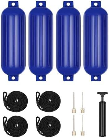 Boat Fenders, Boat Bumpers 4 Pack for Docking with 4 Ropes, 1 Air Pump and 4 Needles, Inflatable Ribbed Marine Pontoon Boat Fenders Bumpers