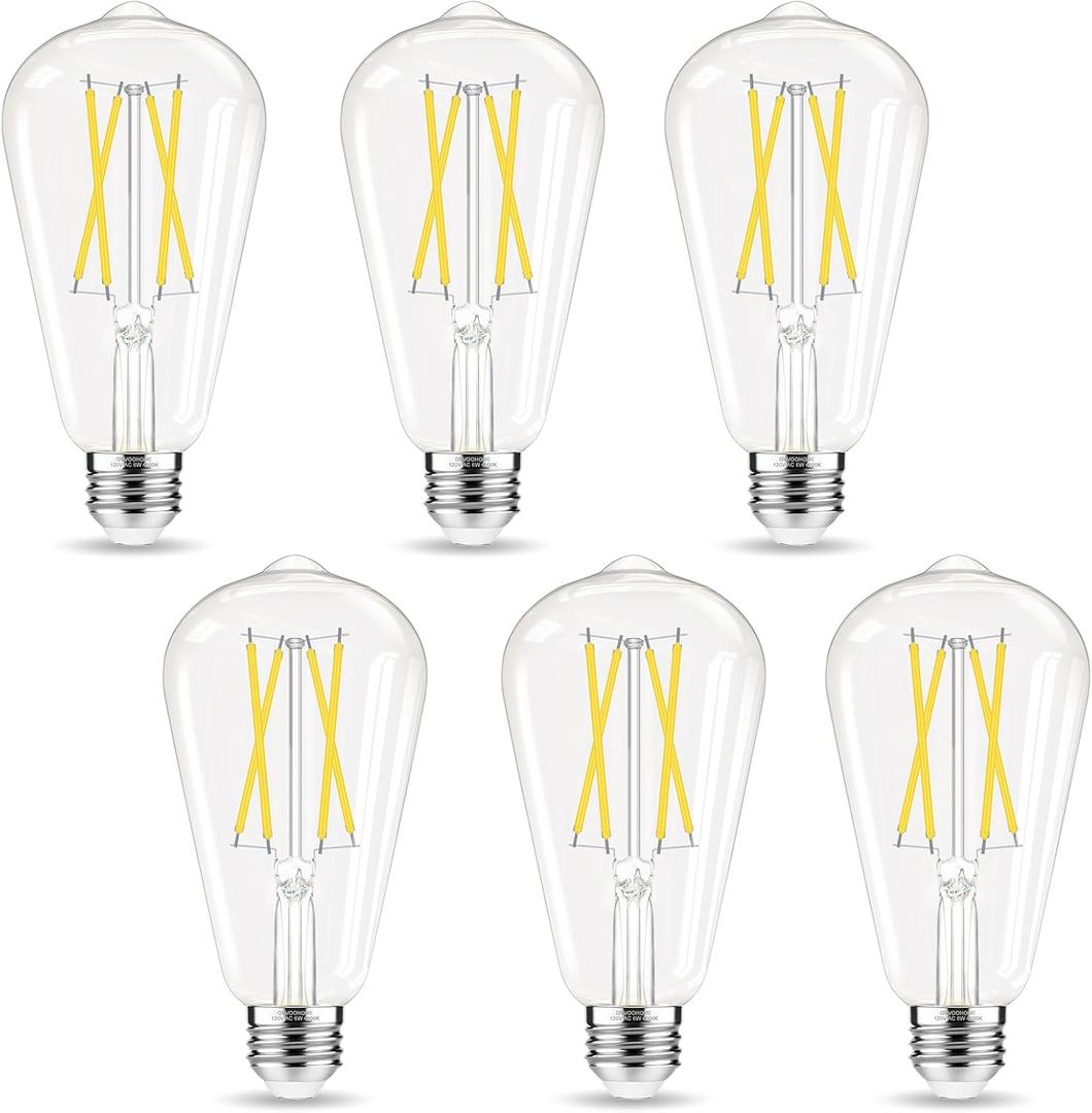 Edison Bulbs, E26 LED Bulb 60 watt Equivalent, Non-Dimmable, 4000K Daylight White, ST58 Vintage Light Bulbs, 90+ CRI, 6W 600LM, E26 Medium Base, Clear Glass, 6 Pack
