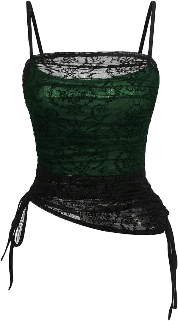 SOLY HUX Women's Ruched Lace Cami Top Drawstring Sleeveless Clubwear Sexy Gothic Tops (Large, Black and Green)