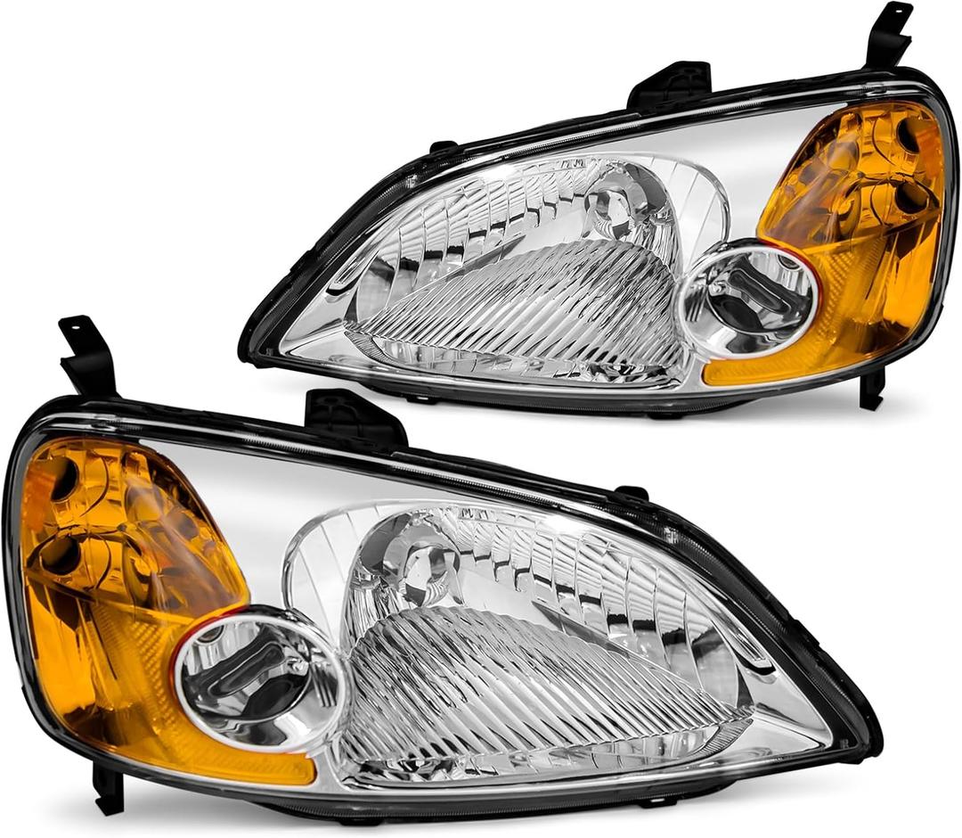 for 2001-2003 Honda Civic Headlights Assembly Compatible with 2001 2002 2003 Civic 2/4DR Chrome Housing Amber Reflector Replacement Driver & Passenger Side