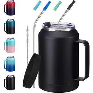 32 oz Insulated Coffee Mug Tumbler - w/ Handle, 2-in-1 Straw & Chug Lid, Silicone Boot, Double Wall Vacuum Insulated Tumblers Cups 32oz, Leak Proof Stainless Steel Water Bottle Work Home Travel Mugs (Black)