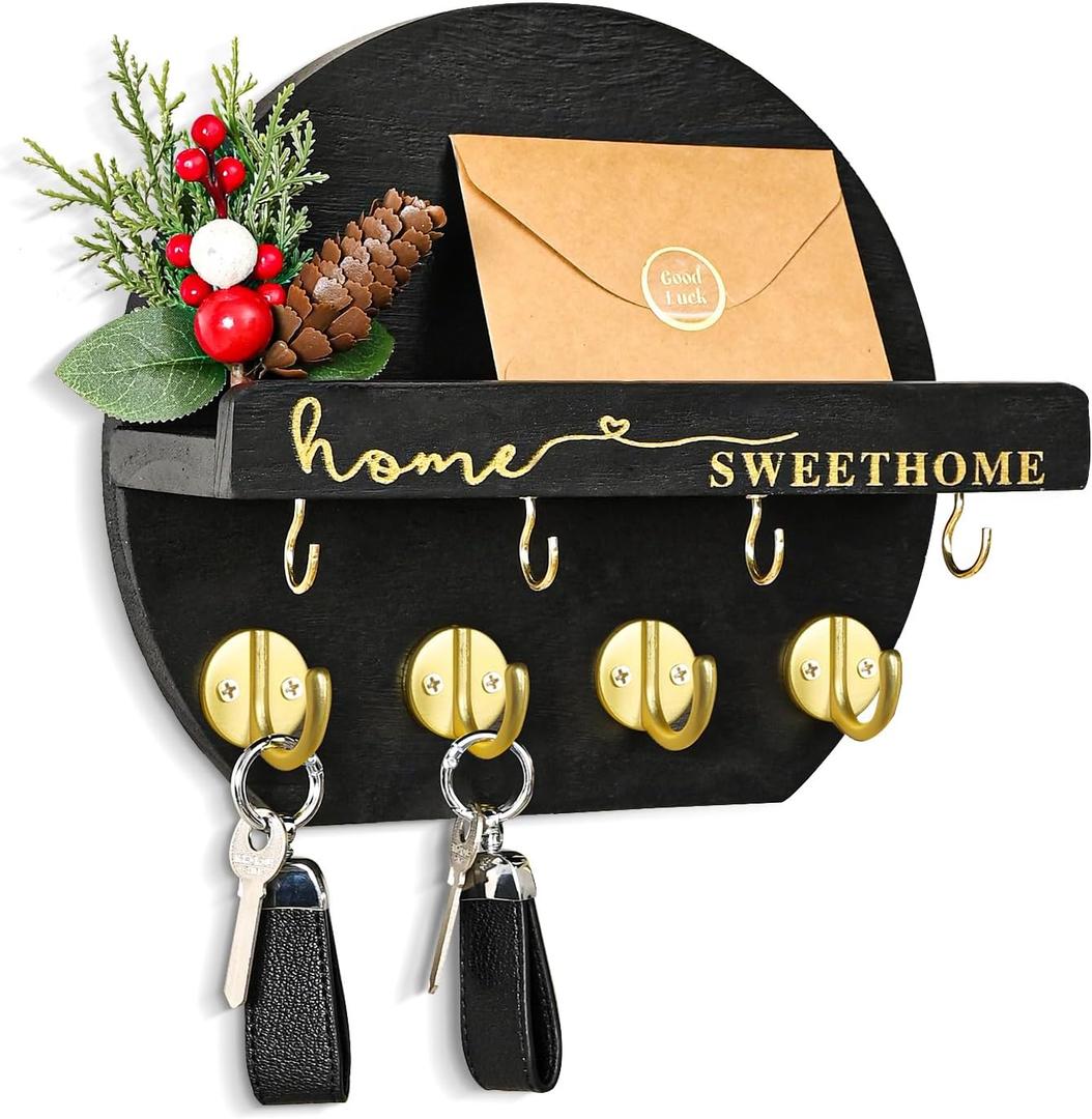 Key Holder for Wall, Key and Mail Holder Organizer - Key Holder Wall Mount with Bouquet Shelf and Key Hooks, Round Wooden Rustic Key Rack for Entryway and Home Decor (Black)
