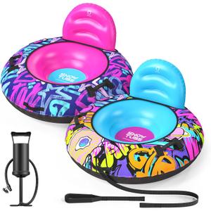 QPAU 44 Snow Tube with Backrest, 2 Pack  Heavy Duty Inflatable Sled 500 lbs Capacity with Cover, Handles & Tow Rope, Snow Tubing Sleds for Kids & Teens, Portable Air Sled with Fast Valve