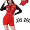 Race Car Driver Costume for Womens Racing Driver Jumpsuit Shorts Long Sleeve with Grid Flag Set Halloween Outfits (Small, Red)