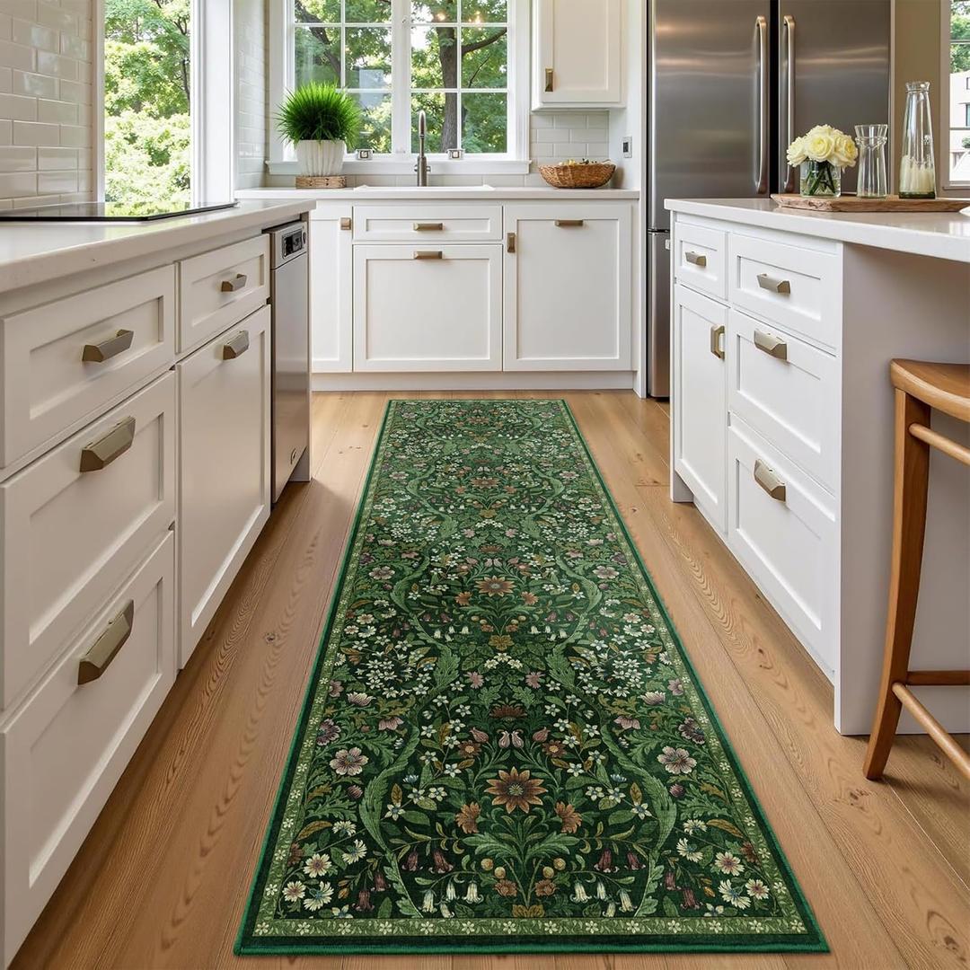 2x6 Washable Runner Rug,Dark Green Floral Boho Area Rug for Hallway,Low-Pile Non-Slip Stain Resistant Carpet for Kitchen, Bedside,Laundry Room,Entryway