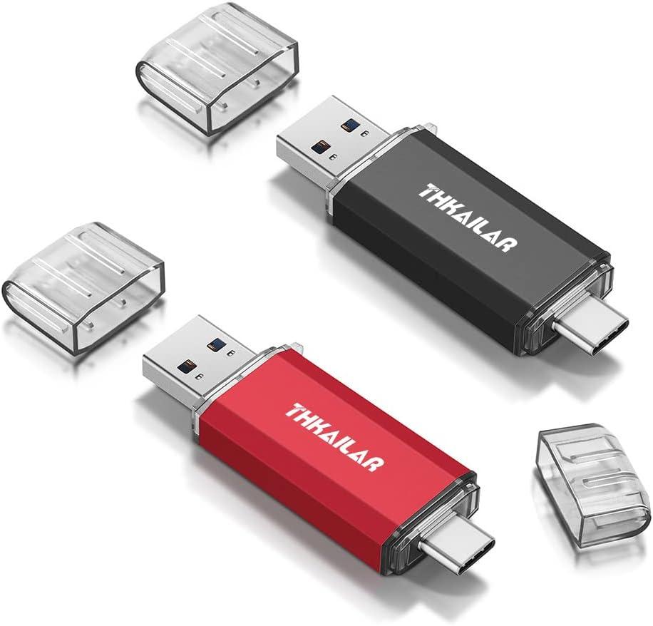 Thkailar 2 Pack USB-C Flash Drive 64GB 2-in-1 OTG USB 3.1 Thumb Drive, Memory Stick for Business Travelers, Compatible with Computers, MacBook Pro, and Android Phones (64GBx2, Red & Black)