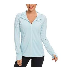MoFiz Women's UPF 50+ Sun Protection Shirt Full Zip Lightweight Hoodie Jacket with Zipper Pockets Long Sleeve Hiking Shirt, Light Blue, Mediu
