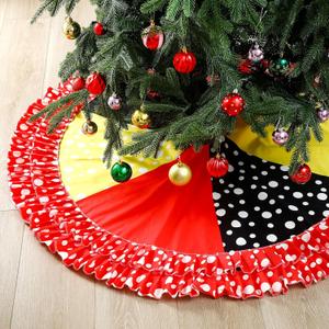 Soulchen Christmas Mouse Tree Skirt 51" Double Layer Circular Wave Point Cartoon Character Decor Xmas Decoration Dress Tree Mat for Holiday Christmas Party(Yellow Red Black,White Wave Point)