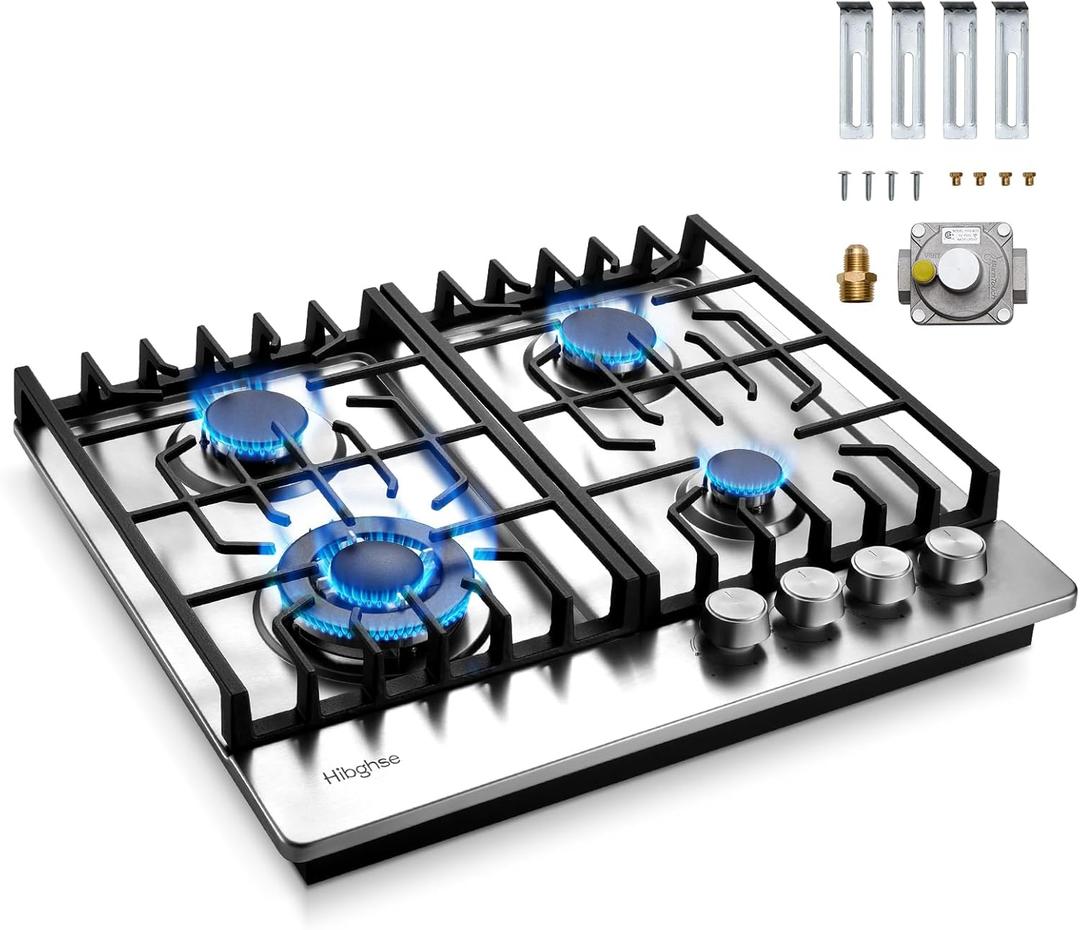 24 Inch Built-in Gas Cooktop with 4 Burner, Stainless Steel Gas Stove Top NG/LPG Convertible Propane Cooktops, Flame Out Protection