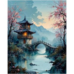 Oriental Landscape Paint by Numbers Kit for Adults - DIY Chinese Pavilion with Bridge Painting on Canvas 16x20In, Framed Acrylic Paint Set, Suitable for Beginners, Art for Home Decoration/Gifts, 1620in Framed