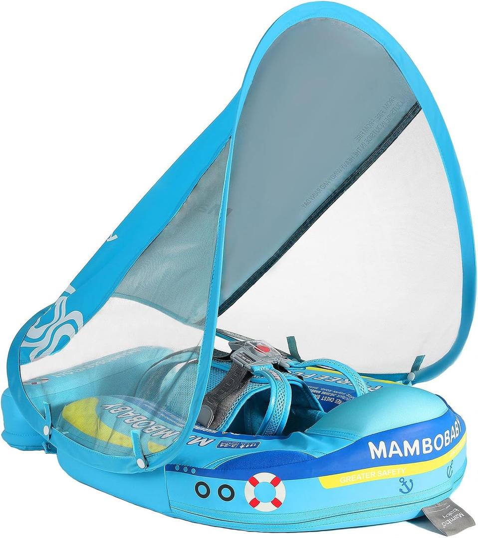 Mambobaby Float with Canopy Size Improved Non Inflatable Infant Pool Float Smart Mambo Float Swim Trainer Add Tail Baby Swim Float Mambo Baby Float Solid Air Free Water Waist Swimming Ring