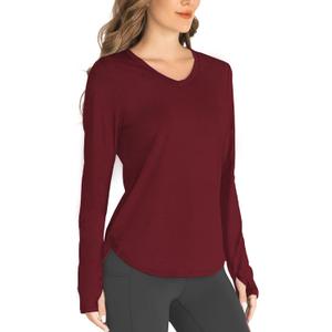 Hiverlay Long Sleeve Workout Shirts for Women V Neck UPF 50+ Athletic Shirts with Thumbhole Running Loose Active T-Shirts (Large, Wine Red)