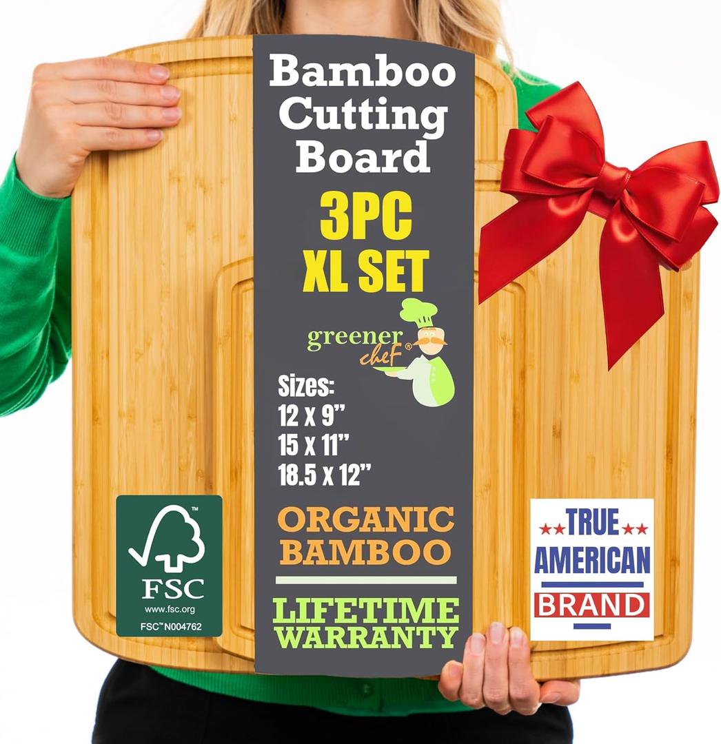 Organic Wood Cutting Boards for Kitchen for Chopping Vegetables, Carving Meat, Slicing Bread and Serving Charcuterie for Meal Time Prep, Holiday Gatherings, and Hosting Parties - Ideal for Home Chefs (Set of 3 (S, M, XL), Single-Tone)