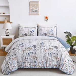 Dobuyly Blue King Size Quilts for Bed, Floral Botanical King Quilt Bedding Set 3 Pieces, Soft Lightweight Microfiber Brown Flower Bedspread Coverlet Set for All Season, 110"x90"