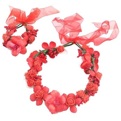 Floral Crown Wrist Bands Set For Women | Wedding Hair Accessories | Adjustable Hair Crowns for Women, Flower Crown | Headbands with Ribbon Garland Wristbands | Accessories for Weddings, Parties, Red