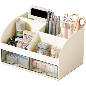 Desk Organizer with 6 Compartments and 2 Drawers, Plastic Makeup Organizer, Pen Holder for Desktop Storage, Desk Organization for School, Home, Office Supplies (Ivory)
