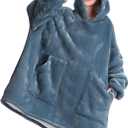 Aemicion Blanket Hoodie for Adults,Sherpa Soft Warm Thick Oversized Wearable Sweatshirt Hooded Blanket for Women Men-Blue Grey