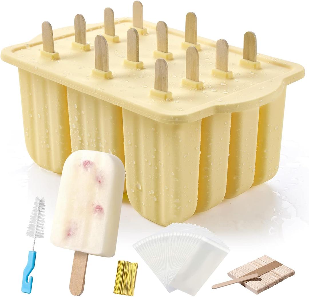 Popsicles Molds, MEETRUE 12 Pieces Silicone Popsicle Molds Easy-Release BPA-free Popsicle Maker Molds Ice Pop Molds Homemade Popsicle Ice Pop Maker with 50PCS Popsicle Sticks+Cleaning Brush (12 Cavties-Yellow)