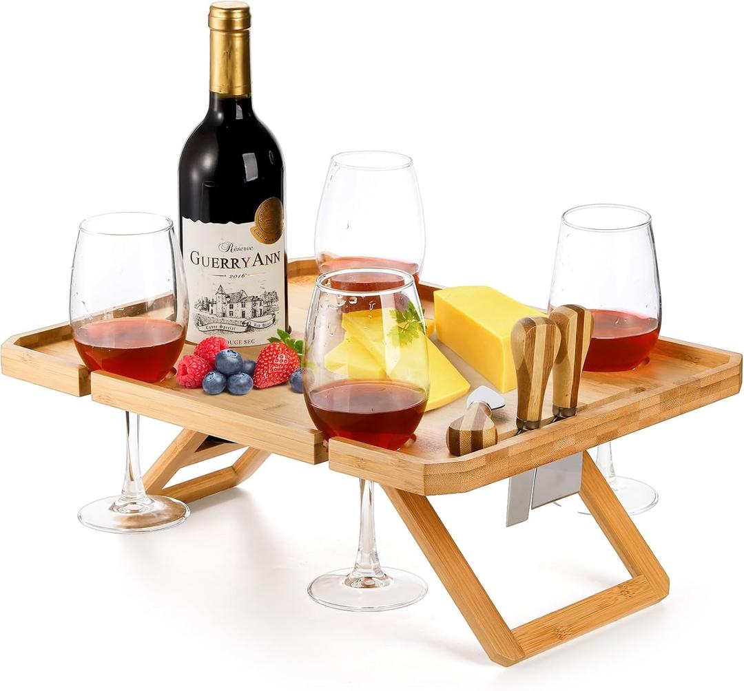 Kingrol Bamboo Wine Picnic Table with Wine Bottle, Glass and Cheese Knife Holder - for Park Camping Beach Outdoor Snack, Wine Lover Gift, Foldable and Portable, 16.1 x 12.5 x 6 Inch