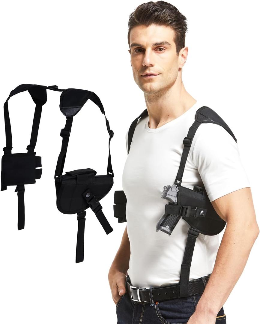 Gun Holster-Fits Compact to Large Handguns Concealed Carry Shoulder Holster with Magazine Pouch for Right and Left Hand Gun Accessories (Black)