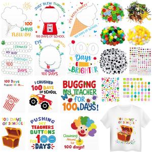 Marspark 12 Sets 100th Day of School Iron on Transfer Decals, Heat Transfer Patches DIY Craft Kit, Pompoms Buttons Wiggle Eyes Gem Popcorn Gum Machine Stickers for Party School Clothing T-Shirt Bag