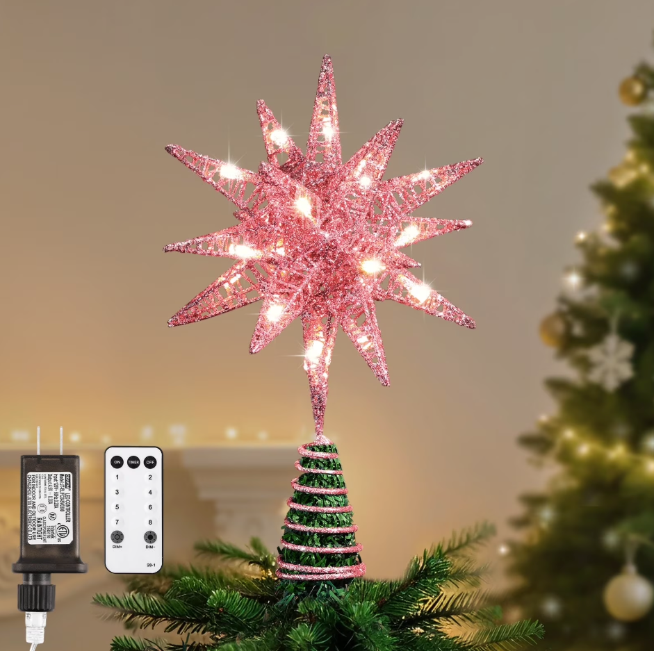 Lewondr Christmas Star Tree Topper, 11 Inch 3D Geometric Moravian Lighted Star Tree topper with Timer Function, Plugged Remote Control Treetop for Home Christmas Decoration,Pink