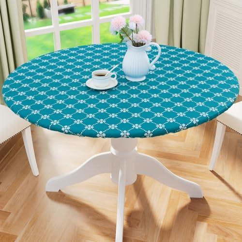 misaya Round Fitted Tablecloth with Elastic Edge, 100% Waterproof Oil Proof Plastic Table Cover, Vinyl Flannel Backed Tablecloth Fits 36"-44" Round Tables for Dinner, Outdoor, Picnic, Bluish Green