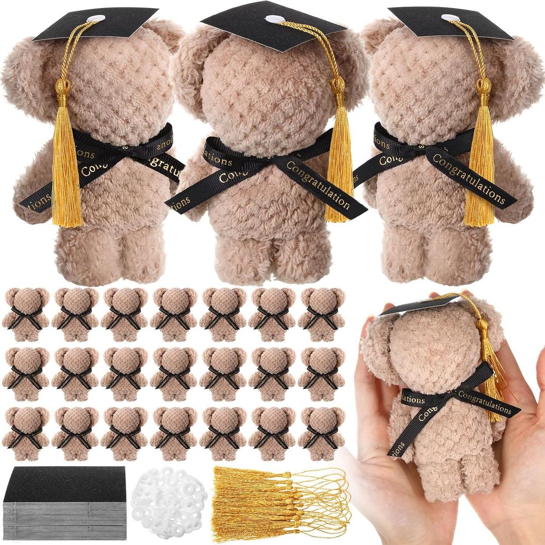 SmoothNovelty 24 Pcs Graduation Bears Class of 2026 Mini Towel Bears Plush with Cap Stuffed Animal Graduation Gift for Her Present College High School Congratulatory Party