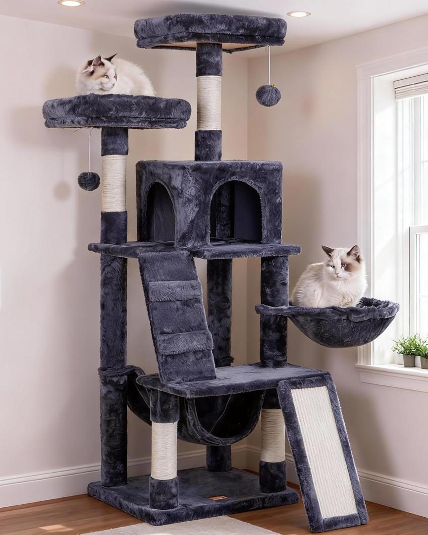 Heybly Cat Tree, Cat Tower for Indoor Cats, Multi-Level Cat Furniture Condo for Cats with Padded Plush Perch, Cozy Basket and Scratching Board, Smoky Gray HCT014G (56 inch)
